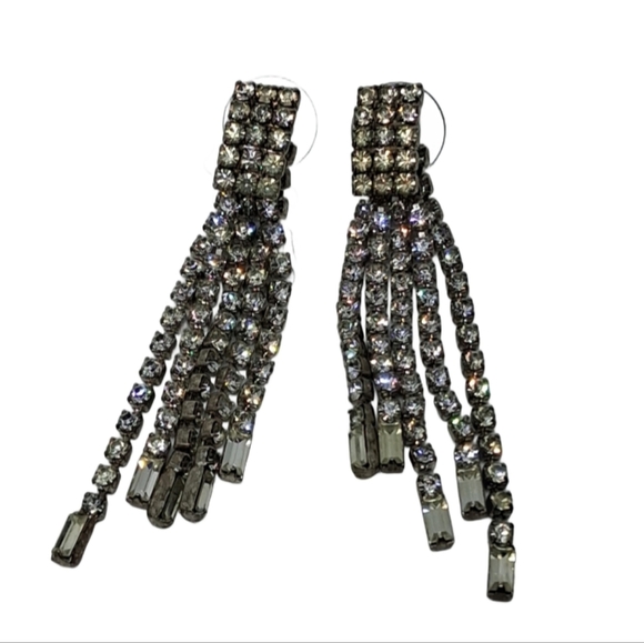 Vintage Crystal Fringe Dangle Earrings - 80s Glam Statement - Picture 3 of 5